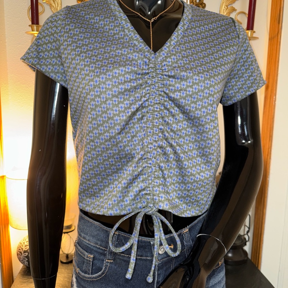 Blue Floral Ruched Top